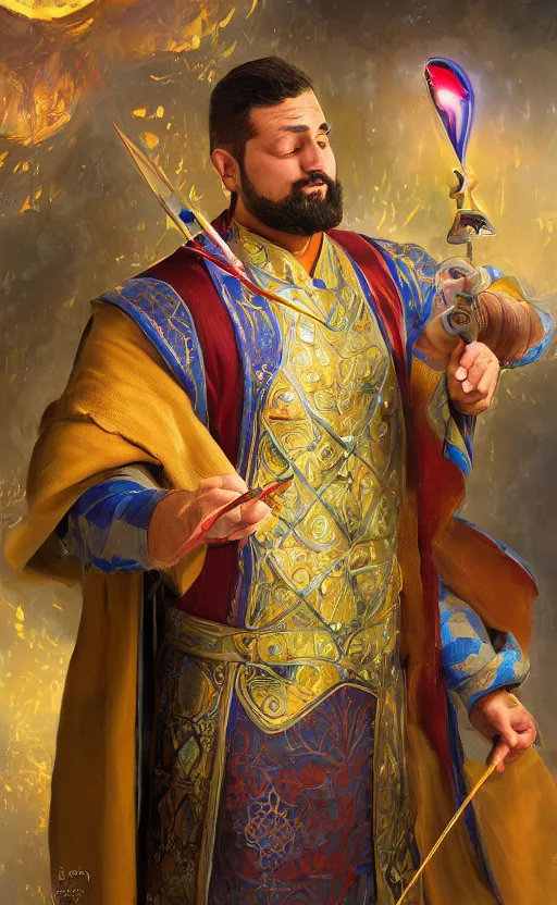 Prompt: a charming tailor of middle - eastern descent, dressed in fine colorful robes over armor, sporting a goatee, smirking, holding a magic needle, fantasy digital painting by barret frymire by artem priakhin, high resolution 4 k