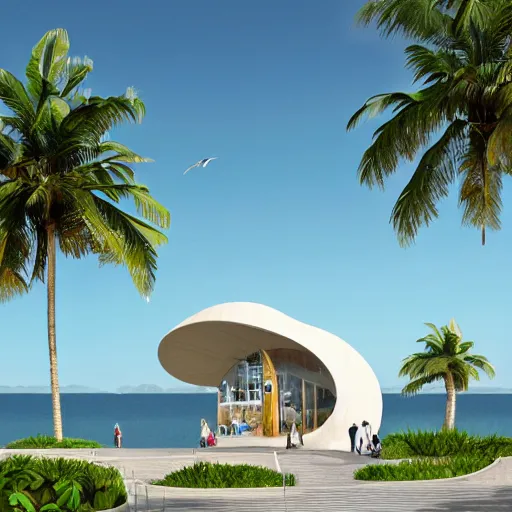 Image similar to architectural renderings, a seaside visitor center consisting of three mushroom - shaped buildings on the blue sea with tall coconut trees ， detailed