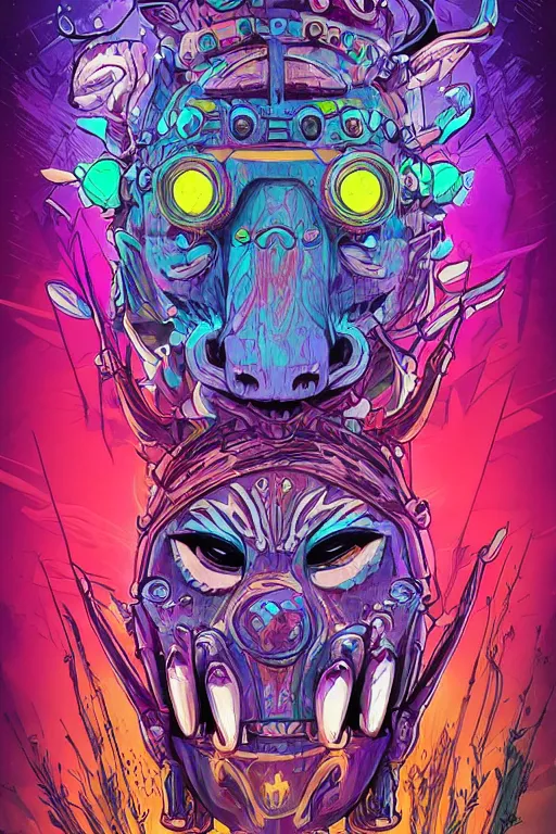 Image similar to totem animal tribal chaman vodoo mask feather gemstone plant video game illustration vivid color borderlands by josan gonzales and dan mumford radiating a glowing aura