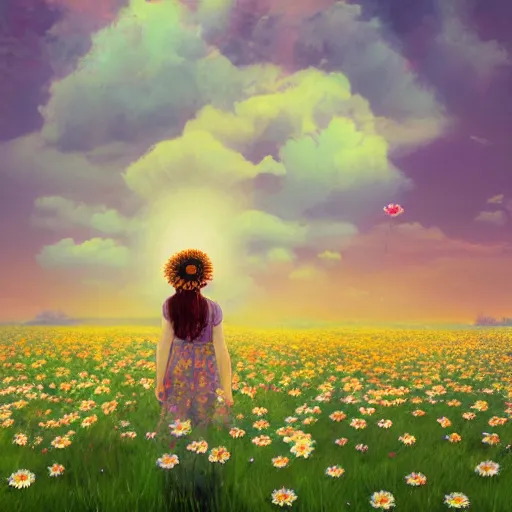 Image similar to many daisy flowers as a head, full body, girl walking in a flower field, surreal photography, sunrise dramatic light, impressionist painting, colorful clouds, digital painting, artstation, simon stalenhag, flower face