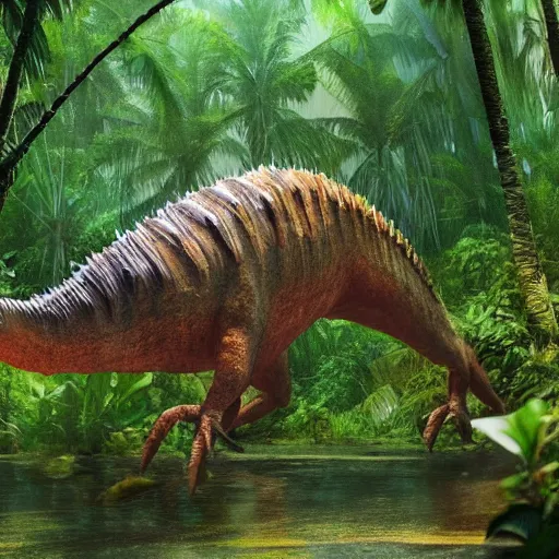 Image similar to giant spinosaurus walking through a tropical forest