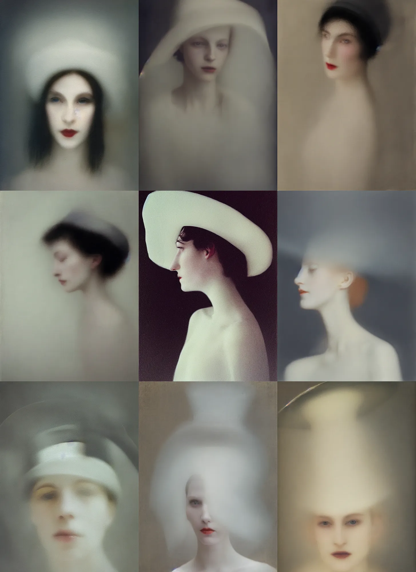 Image similar to out of focus photorealistic portrait of a beautiful pale young woman by sarah moon, very blurry, translucent white skin, closed eyes, foggy, closeup, with a weird hat