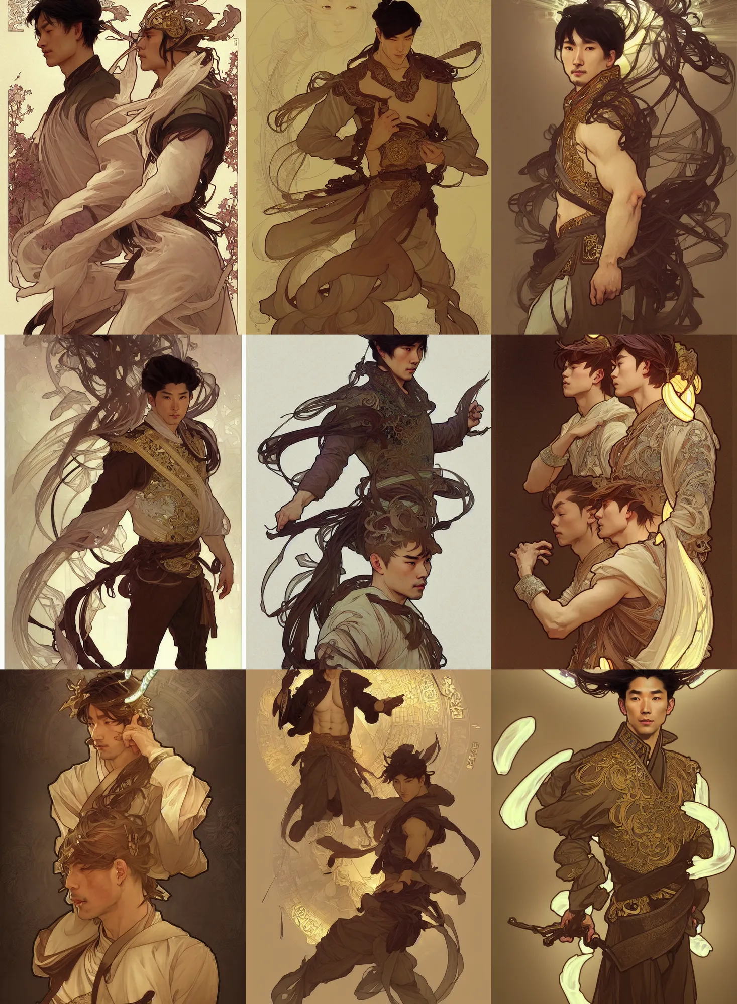 Prompt: a digital concept ar by artgerm and greg rutkowski and alphonse mucha. clear portrait of a lonely attractive men in uniform of tang dynasty!! tang dynasty book, light effect. hyper detailed, character concept, full body!! dynamic pose, glowing lights!! intricate, elegant, highly detailed, digital painting, artstation, concept art, smooth, sharp focus, illustration