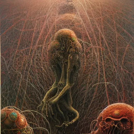 Image similar to hell being turned into paperclips, cosmic horror, biopunk, highly detailed, oil on canvas, zdzisław beksinski, marco mazzoni, peter gric