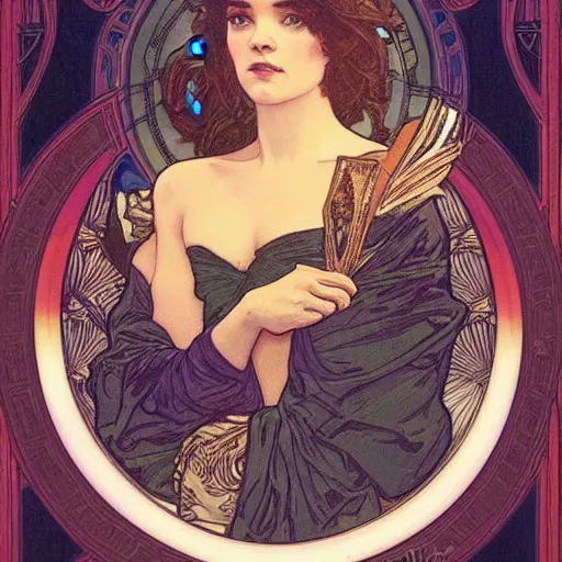 Image similar to tessa thompson portrait by louis - theophile hingre and alphonse mucha, realistic, sharp focus, zodiac signs, tarot cards, planets, ethereal, art nouveau, magic, moon, sun, crown, dreamy, royal, jewellery