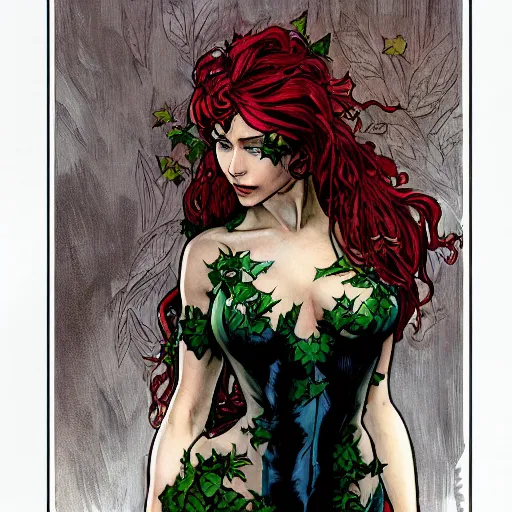 Image similar to a beautiful painting mary jane watson dressed as poison ivy, leather armored, dark eyeliner, intricate, elegant, highly detailed, digital painting, artstation, concept art, matte, sharp focus, illustration, art byby rebecca guay and by arthur rackham and by alphonse mucha and by john william waterhouse, comic book style!!