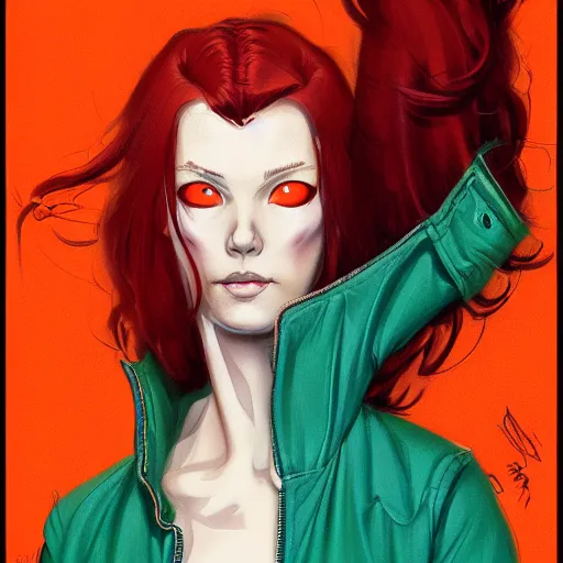 Image similar to portrait of an attractive tomboy woman with long crimson red hair and red eyes wearing a brown open jacket and green jeans with a stern look, album art, boards of canada, retro, by ross draws, by tomine, by satoshi kon, by rolf armstrong, by peter andrew jones, beksinski