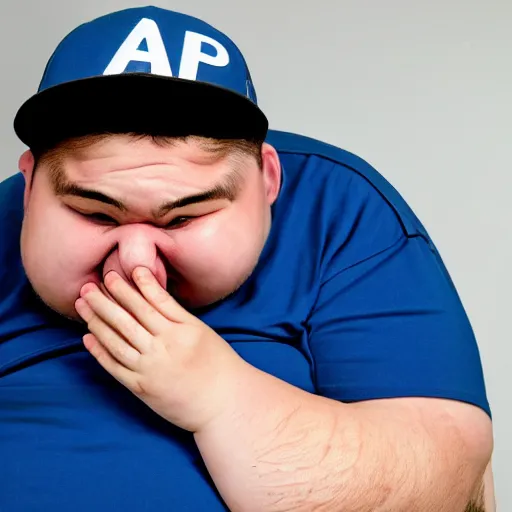 Image similar to crying hard obese man wearing a blue cap with a P on it