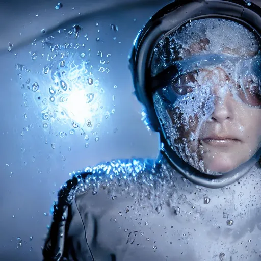 Image similar to futuristic female soldier eyes closed partly submerged in highly viscous clear fluid, frost particles, ice needles, cold blue light, complex hyperdetailed technical suit. white hair flowing. reflection. rays and dispersion of light. volumetric light. 5 0 mm, f / 3 2. noise film photo. ultra realistic, wide angle. rudolf herczog