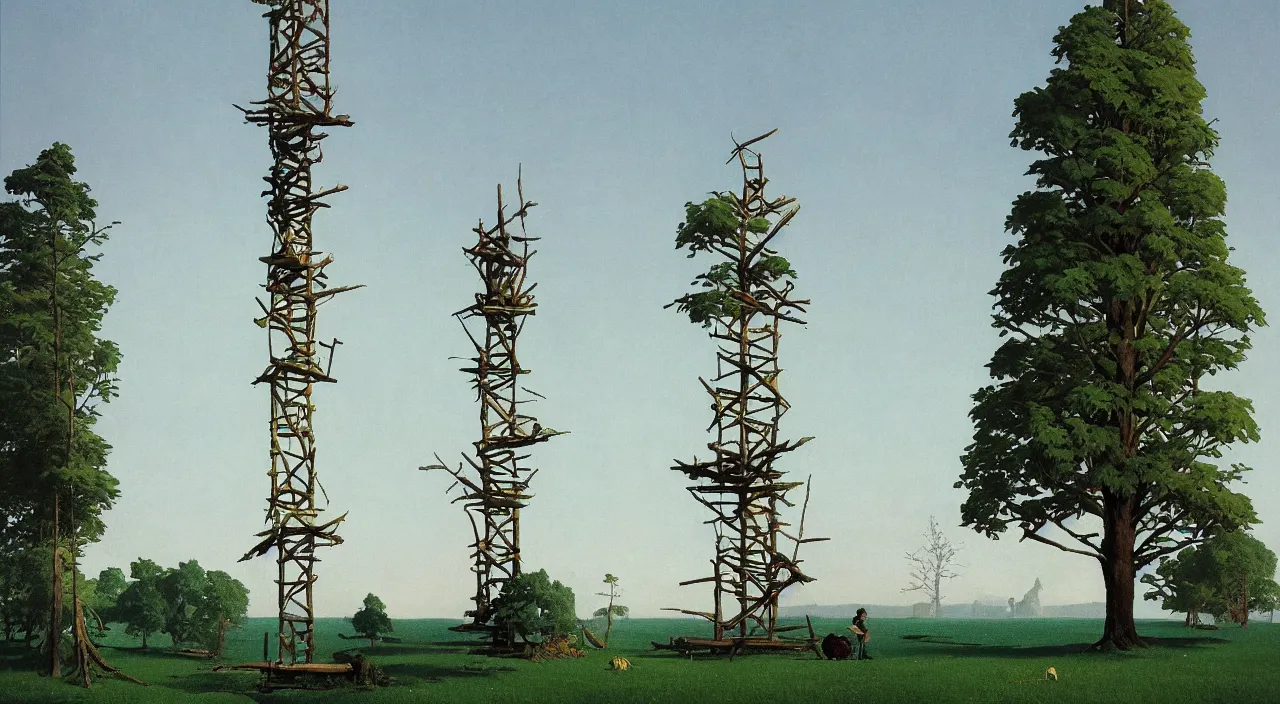 Image similar to single flooded simple wooden tree tower!, very coherent and colorful high contrast!! masterpiece by rene magritte simon stalenhag carl spitzweg syd mead norman rockwell edward hopper james gilleard, minimalist, dark shadows, sunny day, hard lighting