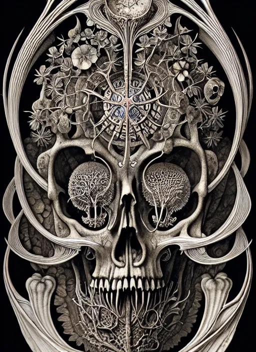 Image similar to art forms of nature by ernst haeckel, memento mori by arthur rackham, ornate antique porcelain beautiful skull mask, ultrasharp, photorealistic, hyperdetailed, octane render, polished, art nouveau, neo - gothic, gothic, intricate ornamental organic filigree, art nouveau botanicals, art forms of nature by ernst haeckel, horizontal symmetry, symbolist, visionary