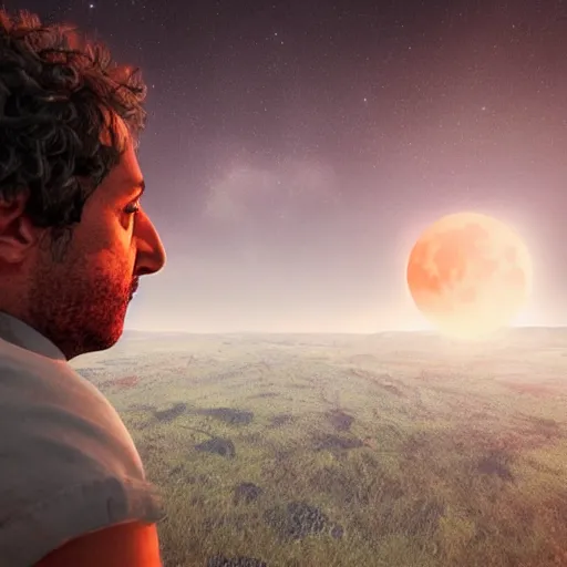 Prompt: gustavo cerati looking at the red moon in the universe, universe, stars, digital art, render unreal engine, highly detailed face, asymmetrical