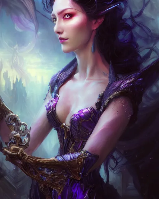 Image similar to daniel gerhartz and artgerm detailed portrait digital rococo painting of a beautiful villainess wearing fantasy clothing like liliana vess, hellscape in the background, embers, unreal engine, hyper realism, realistic shading, cinematic composition, blender render, octane render, hdr, detailed textures, photorealistic, ultrawide shot, 3 5 mm film