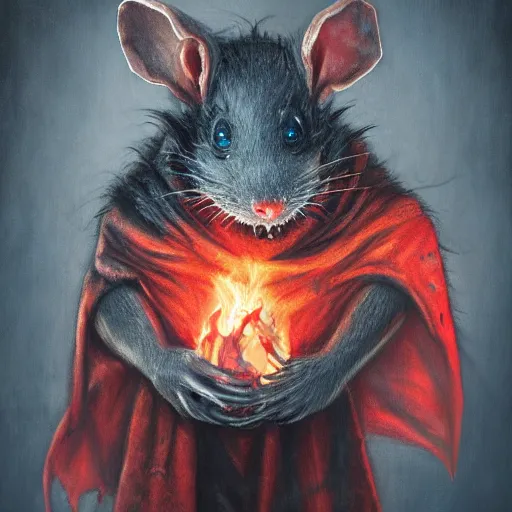 Prompt: painting of a ghostly rat with glowing red eyes, wearing tattered black burlap robes, floating in mist, clutching a blue flame in each hand, anthropomorphic rat, skaven, master splinter, nicodemus, photorealistic, artstation