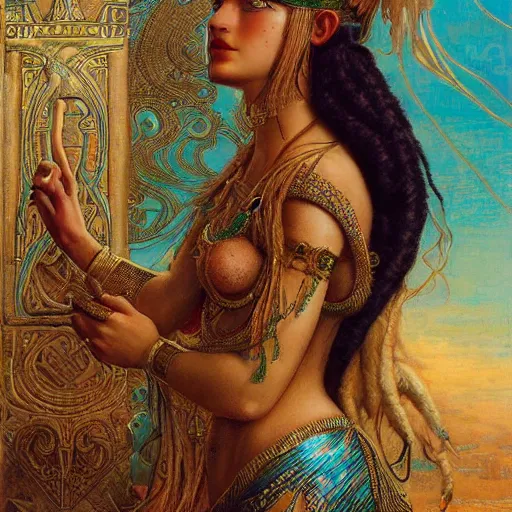 Prompt: artstation, intricate details, hyper details, by gaston bussiere and sandro botticelli, tan skin sumerian goddess inanna, lady of elche, egyptian sumerian features, techno mystic dominatrix goddess intergalactica, inanna with aqua neon rapunzel dreadlocks,