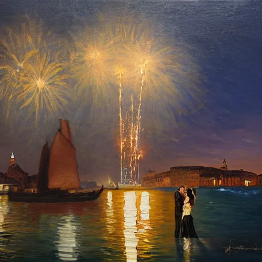 Image similar to an oil painting of couple kissing, in a background fireworks in venice