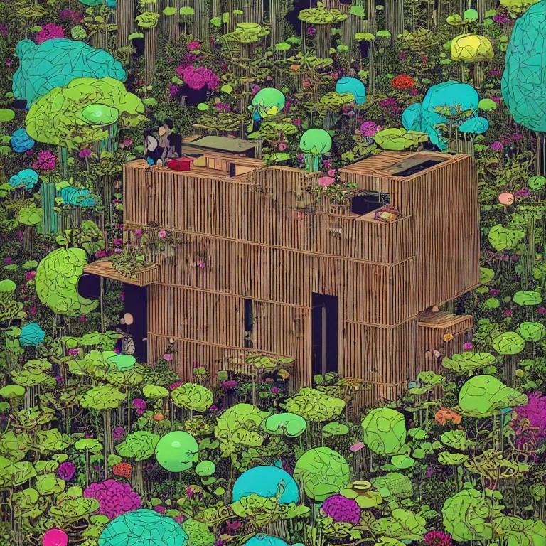 Image similar to tiny house by kengo kuma on island sea cloud surreal art by geof darrow jason naylor, very coherent, sharp, colorful high contrast, dark shadows, hard lighting, floralpunk flower green plants garden, inking etching screen print, hd, 8 k hyper detailed, octane render