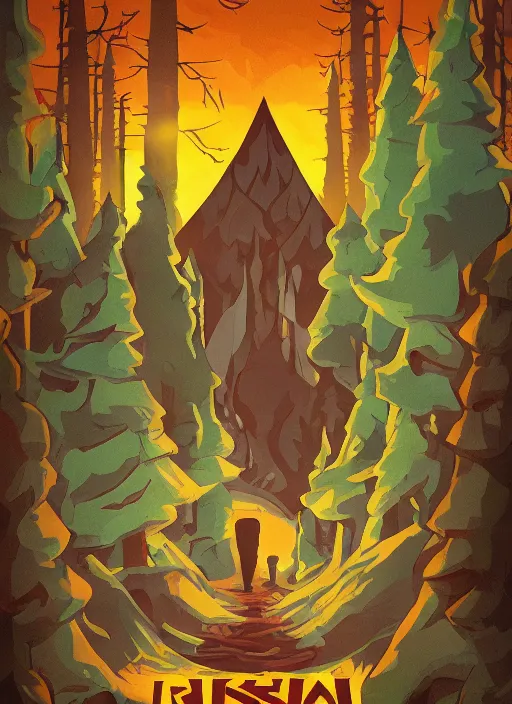 Image similar to Russian bootleg gravity falls poster, dramatic theming, mood lighting, unfortunate, hand painted cartoon art style, brutal, autumn, golden sunset, nostalgia, scenic, with text, 8k, award winning