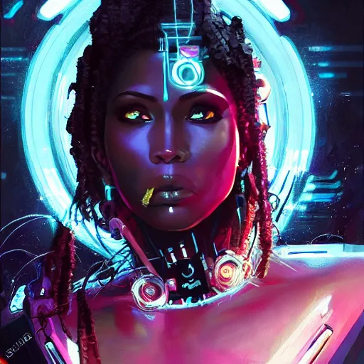 Image similar to a portrait of Adhel Bol as a beautiful cybernetic techno queen, black woman, cyberpunk concept art by pete mohrbacher and wlop and artgerm josan gonzalez and syd mead, digital art, highly detailed, intricate, sci-fi, sharp focus, Trending on Artstation HQ, deviantart, unreal engine 5, 4K UHD image