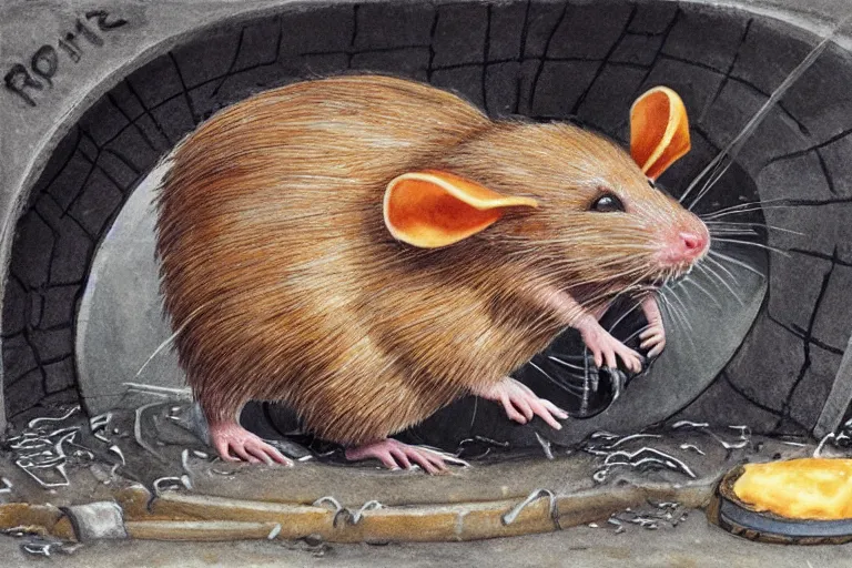 Image similar to a giant creepy rat eating cheese in a sewer, photo - realistic, hyper realism,