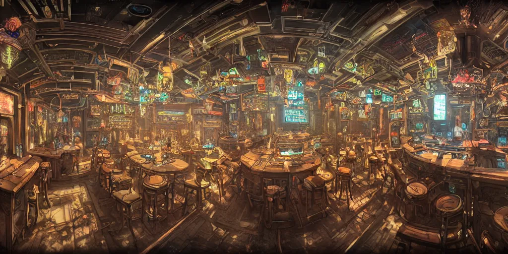 Prompt: Highly detailed realistic Digital concept interior design in style of Hiromasa Ogura and Josan Gonzalez of highly detailed cyberpunk tavern with stone walls and neon lights, a lot of electronics and people, many details. Natural white sunlight from the transperient roof. Panorama on 360 degrees Rendered in 32K in VRAY and DaVinci Resolve and MAXWELL and LUMION 3D, Volumetric natural light