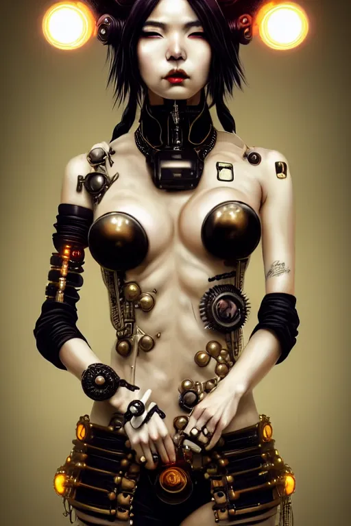 Image similar to soft lustrous ivory ebony geisha yakuza raver gutter punk gothic biotech steampunk cyborg, golden ratio, details, scifi, fantasy, cyberpunk, intricate, decadent, highly detailed, digital painting, octane render, artstation, concept art, smooth, sharp focus, illustration, art by artgerm, loish, wlop