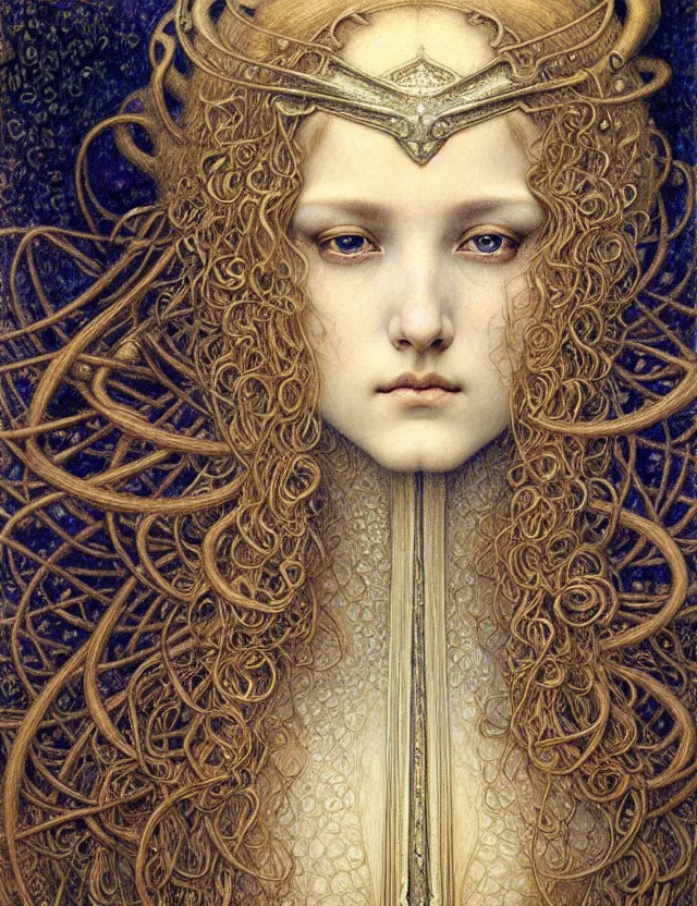 Image similar to detailed realistic beautiful young medieval queen face portrait by jean delville, gustave dore and marco mazzoni, art nouveau, symbolist, visionary, gothic, pre - raphaelite. horizontal symmetry