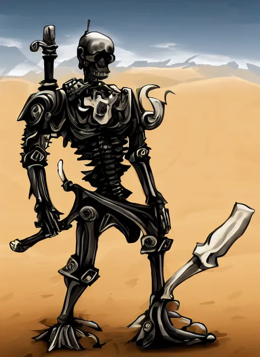 Prompt: combat android, skeletal face, swords for arms, military prototype, photography, game art, automaton, soldier, desert