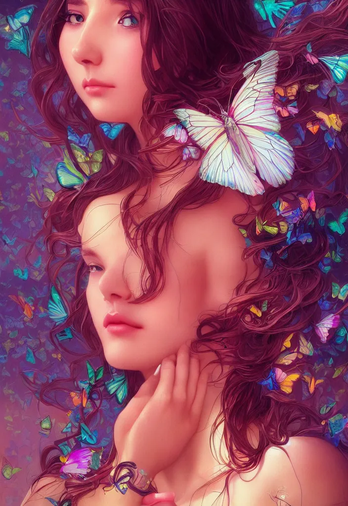 Prompt: beautiful, young woman, detailed gorgeous face, sad eyes, surreal, crying, vaporwave aesthetic, synthwave, colorful, psychedelic, digital art, butterflies, birds, digital painting, artstation, concept art, smooth, uhd, ultra sharp focus, illustration, art by artgerm and greg rutkowski and alphonse mucha