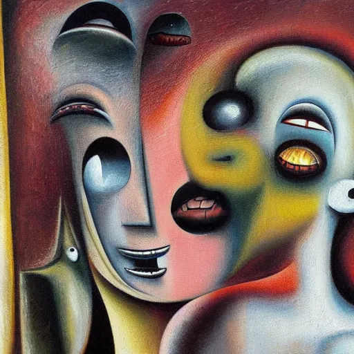 Image similar to Oil painting by Roberto Matta. Strange mechanical beings kissing. Close-up portrait by Lisa Yuskavage.