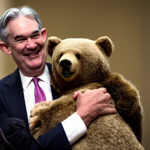 Prompt: Jerome Powell hugging a bear