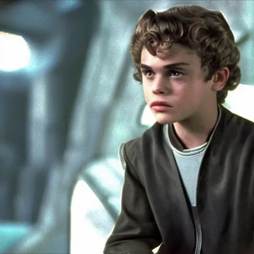 Image similar to young anakin skywalker from attack of the clones sitting at quark's bar on deep space nine, 3 5 mm photography, highly detailed, cinematic lighting, 4 k