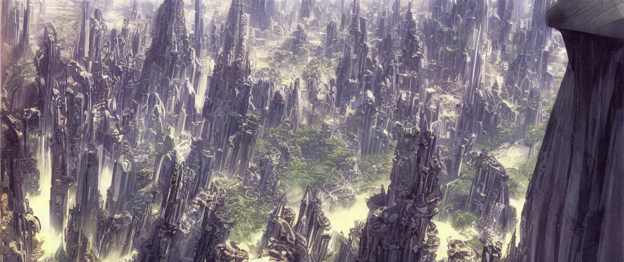 Image similar to A beautiful illustration of a futuristic city built across a world of waterfalls by Robert McCall and Ralph McQuarrie | sparth:.2 | Time white:.2 | Rodney Matthews:.2 | Graphic Novel, Visual Novel, Colored Pencil, Comic Book:.6 | unreal engine:.3 | | viewed from above | establishing shot:.7