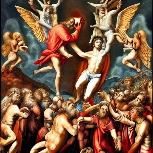 Image similar to heaven vs hell, biblical art style, photorealistic