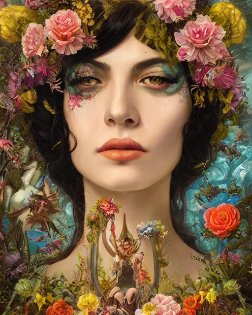 Prompt: portrait of the mexican queen of the underworld, surrounded by flowers by karol bak, james jean, tom bagshaw, rococo, sharp focus, trending on artstation, cinematic lighting, hyper realism, octane render, 8 k, hyper detailed.