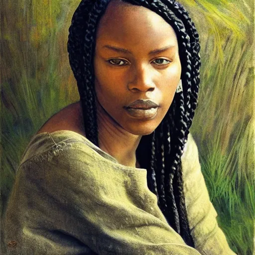 Prompt: A stunning masterful portrait of a striking African woman with braided hair by Andrew Wyeth and John Singer Sargentl, natural light, oil painting