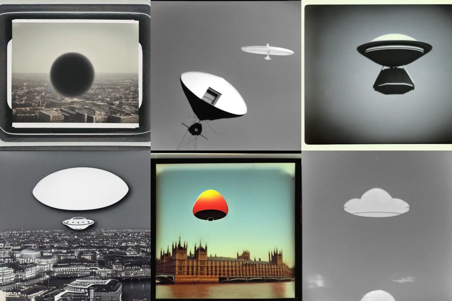 Prompt: 1970s polaroid photo of a UFO floating in the sky above London