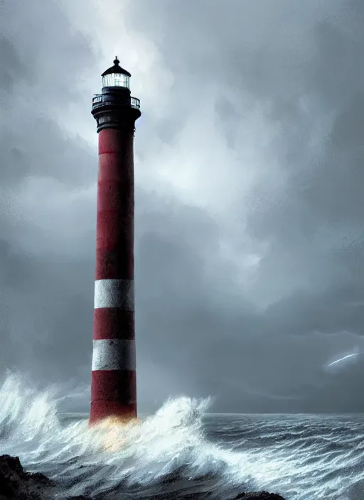 Image similar to portrait, light house on the ocean side in a thunderstorm, high waves, dramatic lighting, cinematic, establishing shot, extremly high detail, photo realistic, cinematic lighting, post processed, concept art, artstation, matte painting, style by eddie mendoza, raphael lacoste, alex ross