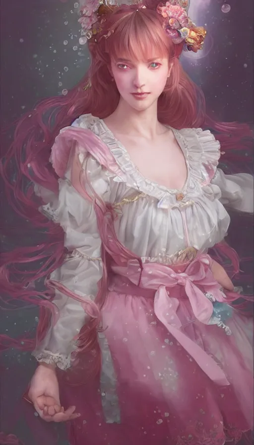 Image similar to portrait of magical lolita girl, dreamy and ethereal, expressive pose, pink eyes, peaceful expression, ornate frilly dress, fantasy, intricate, elegant, many rainbow bubbles, highly detailed, digital painting, artstation, concept art, smooth, sharp focus, illustration, art by artgerm and greg rutkowski and alphonse mucha