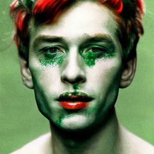 Image similar to young peter otoole with green hair, white paint on face, messy red lips, portrait, impressionistic, film still