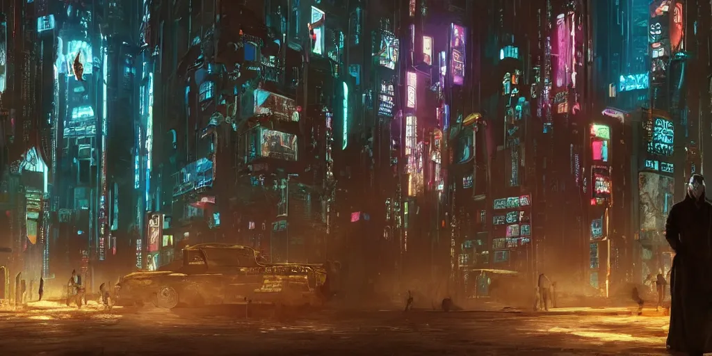 Prompt: movie still of a cyberpunk city with design inspired by Arabic style architecture, directed by Denis Villeneuve, 4KUHD, wide shot, award winning