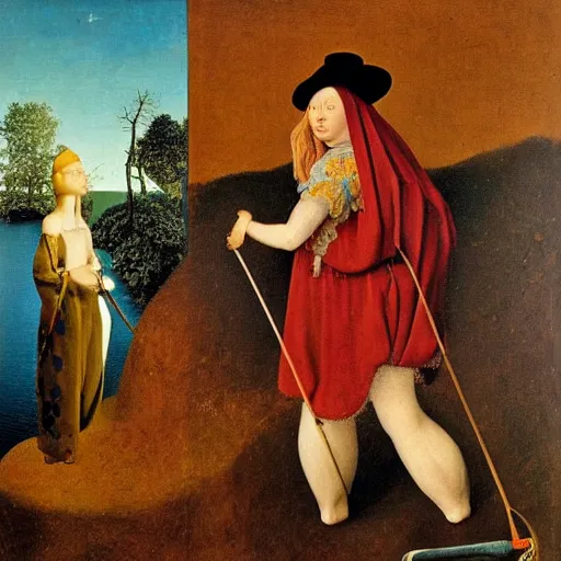 Prompt: Portrait of An ugly used up wench with a dirty mind fishing for rocks in all the wrong places. Painting by Jan van Eyck, Audubon, Rene Magritte, Agnes Pelton, Max Ernst, Walton Ford