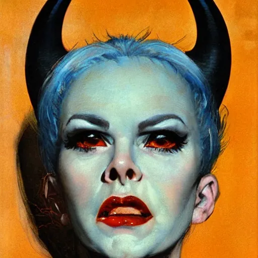 Image similar to Frontal portrait of a sneering bald woman with horns and icy blue eyes, by Robert McGinnis.