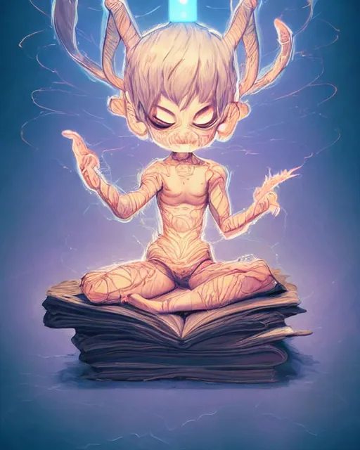 Prompt: a tiny cute demon meditating, wrapped in sacred parchment with glowing text, smooth, intricate, elegant, digital painting, artstation, power runes, pulsing energy, concept art, sharp focus, octane render, illustration, art by shintaro kago and carne griffiths, overwatch character,