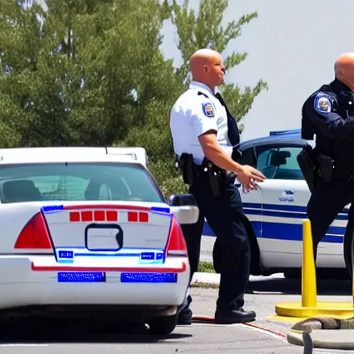 Image similar to Mr. Clean getting arrested by the police at a gas station