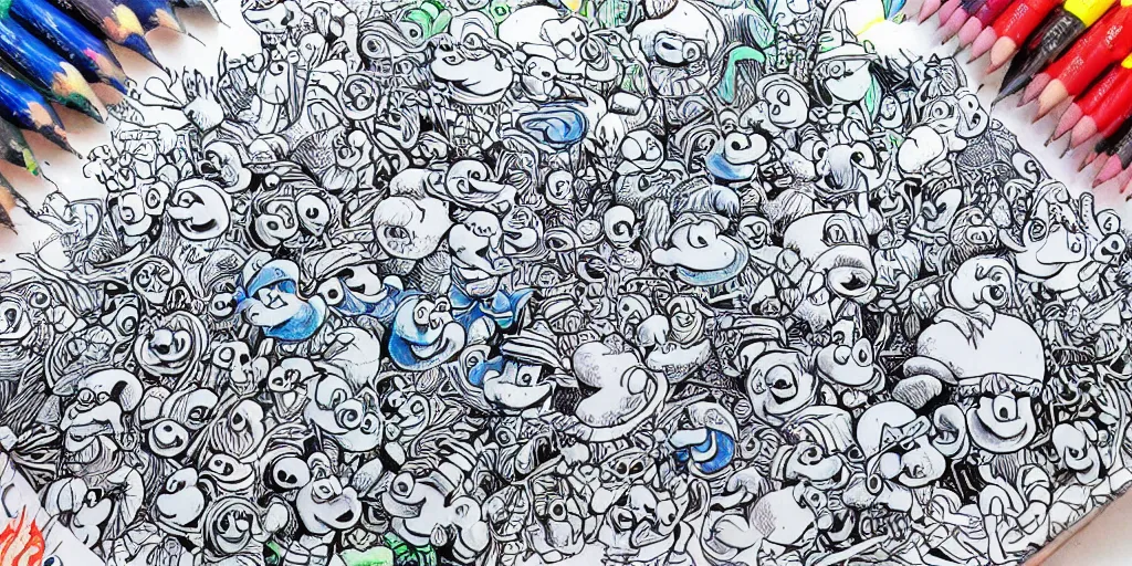 Image similar to an ultra - detailed pen drawing full of smurfs and color eggs.