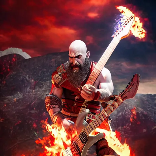 Prompt: kratos shredding on a flaming stratocaster guitar, cinematic render, god of war 2 0 1 8, santa monica studio official media, lightning, red facial stripe