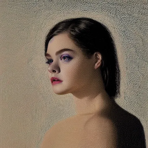 Prompt: Elle Fanning in the style of Paola Vetri, head and shoulders pointillism portrait, stormy weather, extremely detailed masterpiece, oil on canvas, low-key neon lighting, artstation, Blade Runner 2049, Roger Deakin’s cinematography, by J. C. Leyendecker and Peter Paul Rubens and Edward Hopper and Michael Sowa,