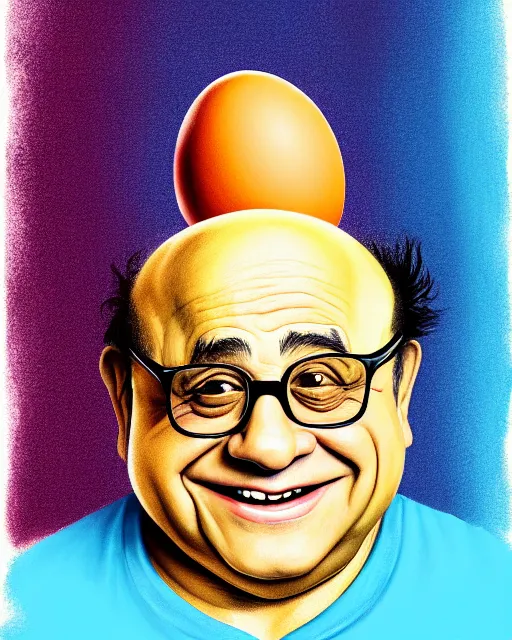 Image similar to painting portrait of danny devito as an egg, cartoon, warm lighting, danny devito has an egg body, movie poster, illustration by bartek fedyczak, erak note, tooth wu, neil richards, kan liu, siwoo kim, jisu choe, trending on art station