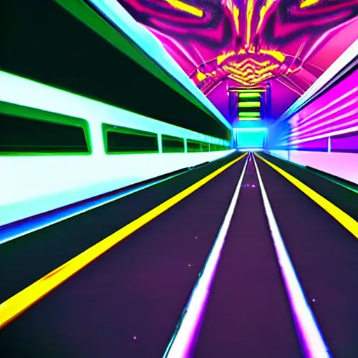 Image similar to a psychedelic racing track in unreal engine, very high detailed, in a game, cinematic view